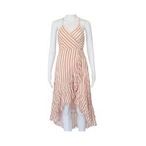 V-Neck Ruffle Hem Maxi Dress - Orange & White Striped - S